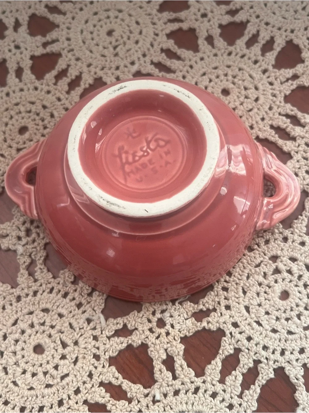 Vintage Fiesta Rose Pink Double Handle Soup Bowl USA Homer Laughlin Cottagecore